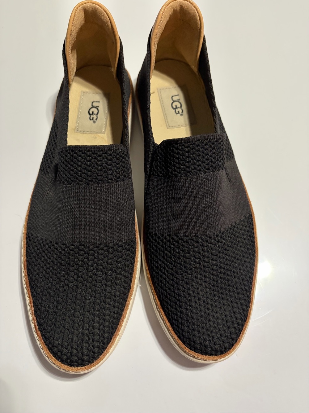 UGG Women’s Black Knit Espadrille Slip-Ons with Tan Trim